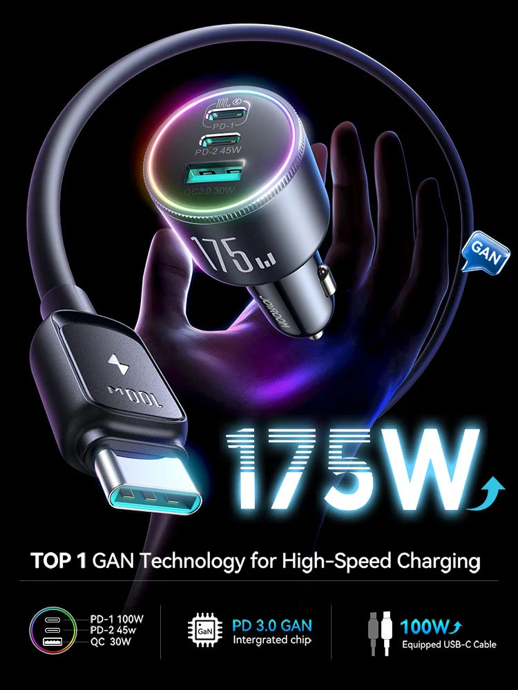 Joyroom 175W Car Charger PD 3.0 100W Super Fast Charging USB C Car Phone Adapter for MacBook Pro iPhone 17 Samsung Galaxy S25 24