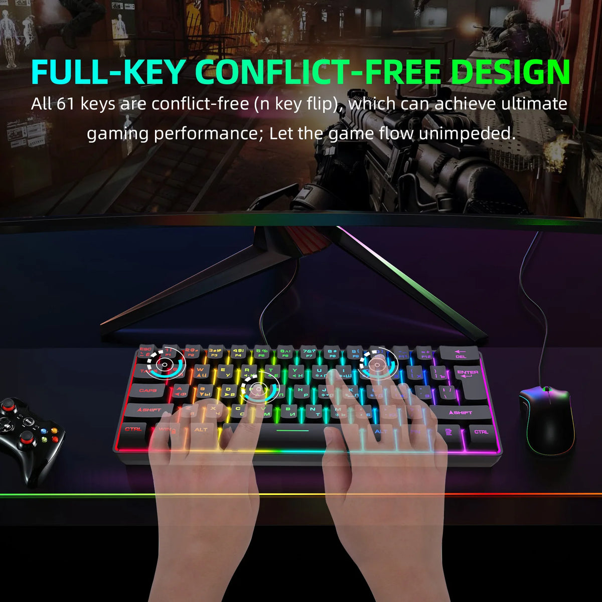 Russian Keyboard English RGB Lighting 61 Keys 60% Layout Gaming Keyboard ISO USB Wired Full Key No Impact K401 For Game Office