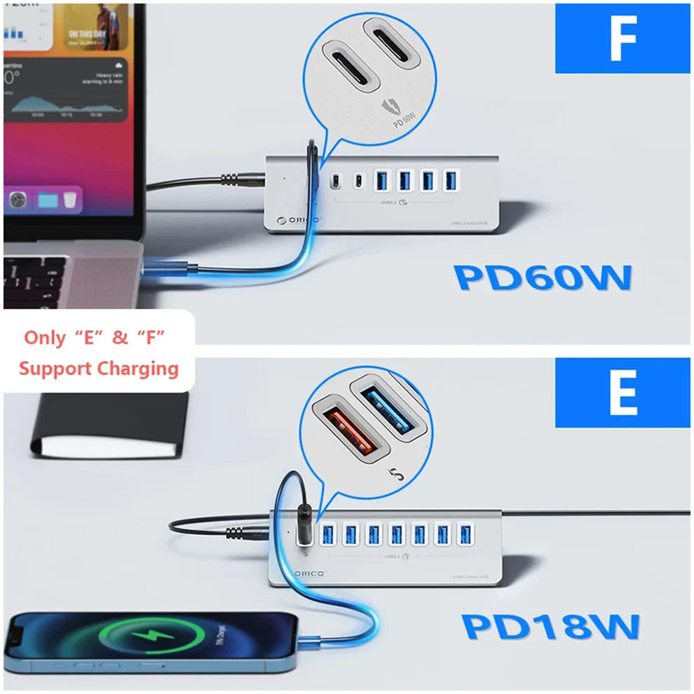 ORICO 10Gbps USB 3.2 Docking Station Hub Type C Splitter PD60W Charging Adapter Multi 4/7 Ports Switch For PC Laptop Accessories