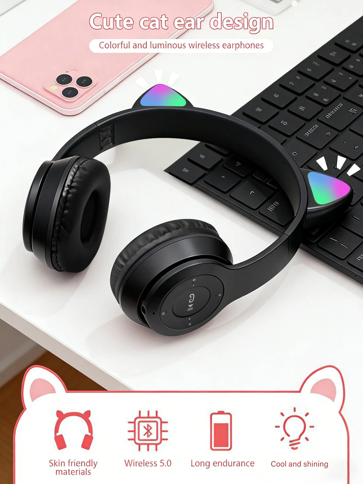 Foldable Glowing Cat Ear Over Ear Headphones, Fashion RGB Light Stereo Headset for Gaming, Music, Sports & Office