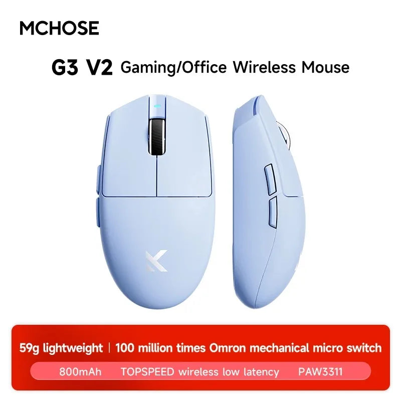 MCHOSE G3 V2 Wireless Gaming Mouse PAW 3311 Sensor Tri-mode 800mAh All-Around Grip Omron Mechanical Switches TTC Silver Wheel