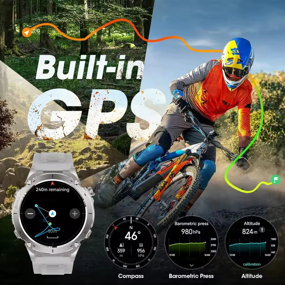 Outdoors TANK New GPS SmartWatch Man Dual-Band GNSS Military 10ATM Waterproof LED Flashlight Compass Altimeter NFC HD Call Watch