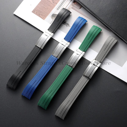 Curved Rubber Watch Bracelet 20mm 21mm 22mm for Rolex Green Water Ghost for Oysterflex Waterproof Silicone Folding Buckle Straps