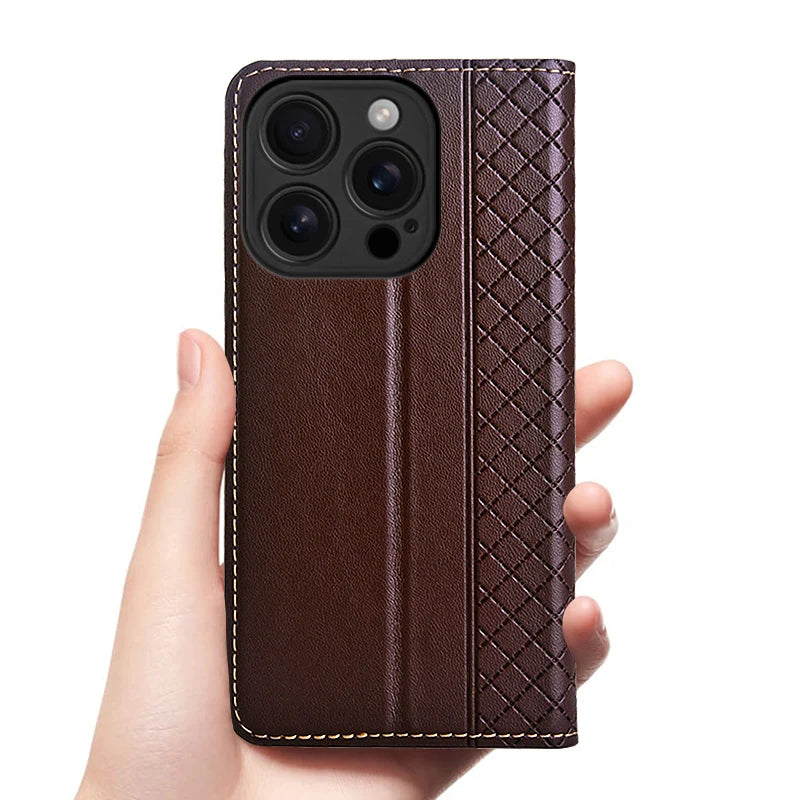 For APPLE iPhone 17 16 16E 15 14 Pro Max Air Plus Flip Case Grid Pattern Magnetic Cover Cowhide Genuine Leather Wallet Covers