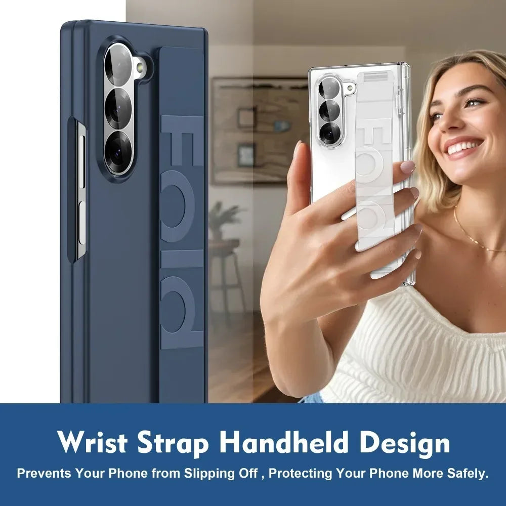 Luxury Matte Elasticity Wrist Strap Phone Case for Samsung Galaxy Z Fold 8 Ultra 7 6 5 Wristband Shockproof Hinge Protect Cover