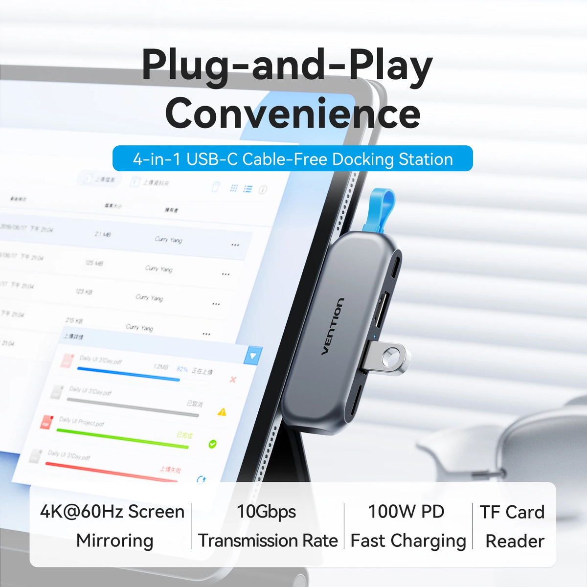 Vention 4 in 1 Portable USB 3.2 Gen2 4K@60Hz HDMI HUB PD 100W Charging Adapter Docking Station for iPad Tablet MacBook Laptop
