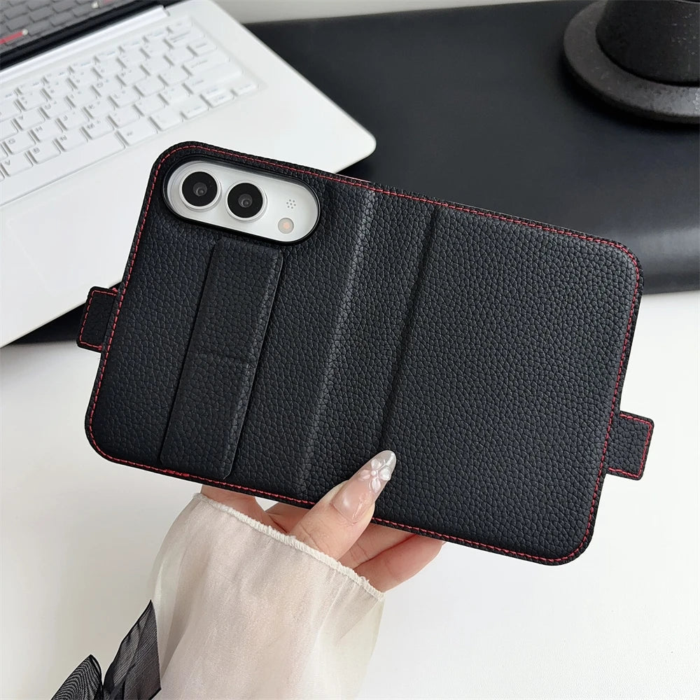 Wristband Bracket Phone Case For iPhone Duo 18 Fold Invisible Wristband Soft Card Holder Wallet Cover With Tempered Glass Case