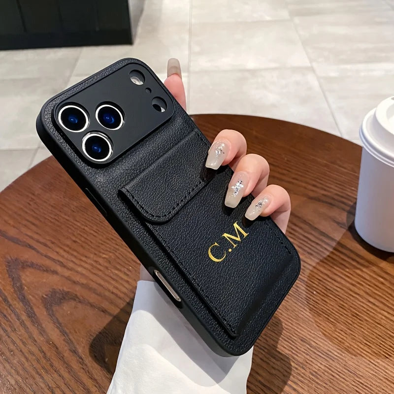 Custom Initials Name Letter Card Bag Leather Case For iPhone 17 16 15 14 13 12 11 Pro Max Air Card Slot Holder Shockproof Cover