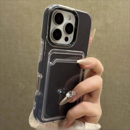 Luxury 2in1 Card Bag Holder Phone Case For iPhone 17 16 15 14 13 12 Pro Max Candy PC Wallet Shockproof Silicone Soft Clear Cover