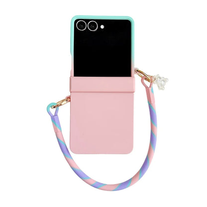 Skin Feeling Wireless Magnetic Lanyard Phone Case For Samsung Galaxy Z Flip 3 4 5 6 7 8 Macaron Gradient Cord PC Hard Shell