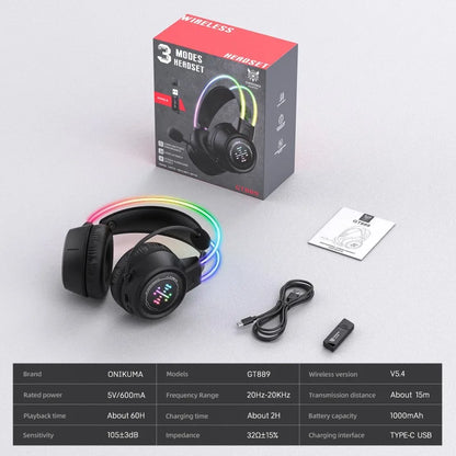 ONIKUMA GT889 Wireless Gaming Headset Tri Mode Bluetooth 5.4 RGB Low Latency 60H Battery HD Headphones With Microphone For PC