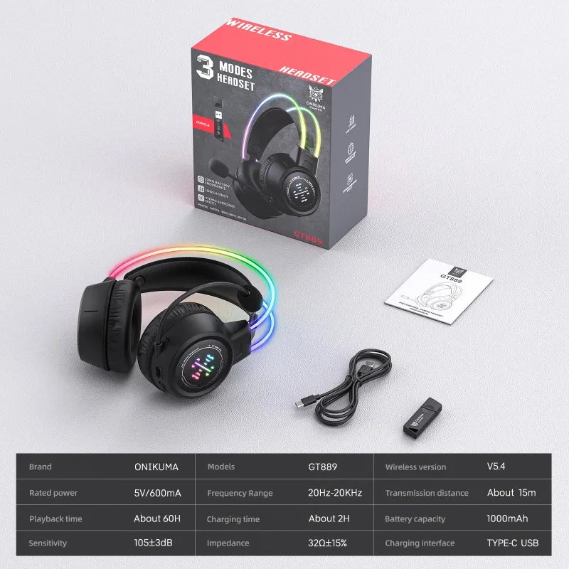 ONIKUMA GT889 Wireless Gaming Headset Tri Mode Bluetooth 5.4 RGB Low Latency 60H Battery HD Headphones With Microphone For PC