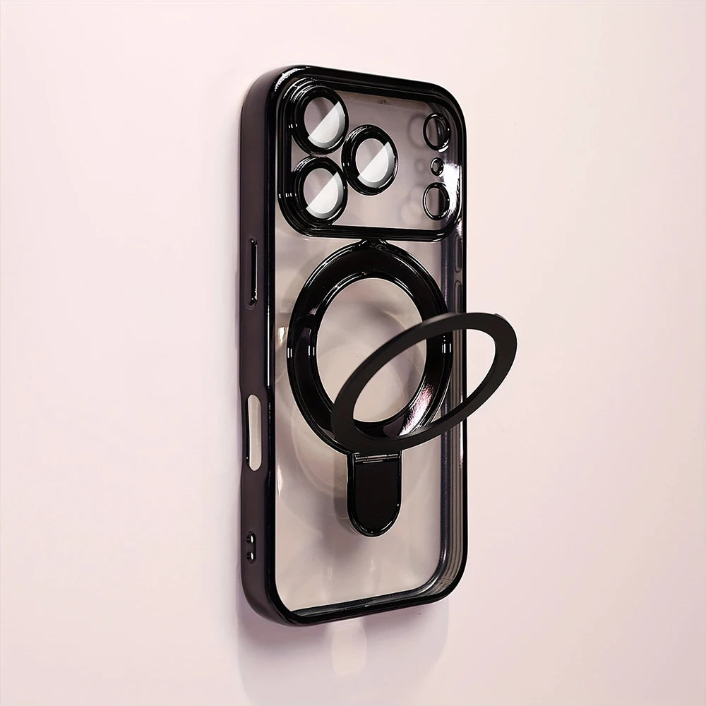 Luxury Plating Magnetic Bracket Phone Case For iPhone 17 16 15 14 13 Pro Max 17Pro Cases For Magsafe Stand Holder Clear Cover