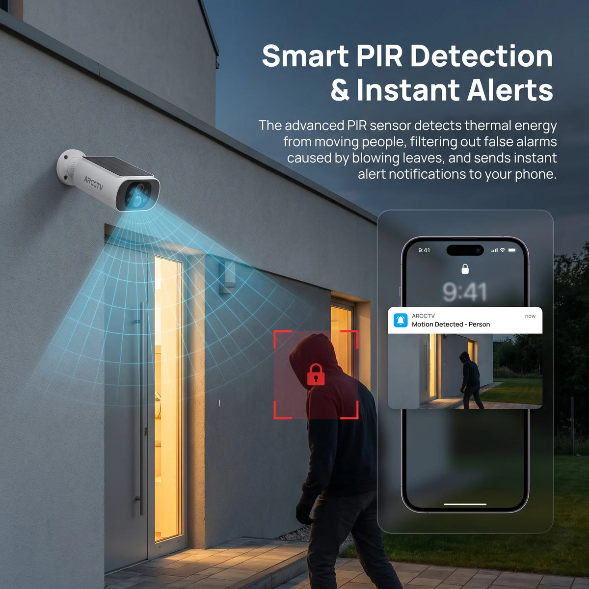 ARCCTV 2K Wireless Solar Camera Outdoor Surveillance Integrated Battery Wifi Camera Humanoid Detection Flash Alarm Night Vision