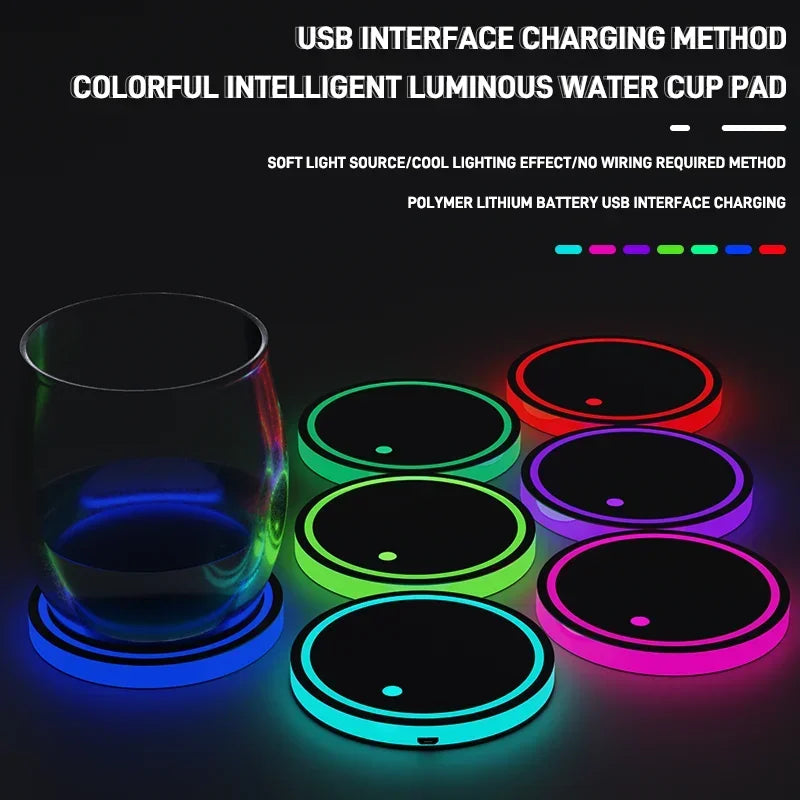 1/2pc Colorful Car Luminous Water Cup Pad LED Car Interior Breathing Night Light Central Control Car Anti-skid Pad Ambient Light
