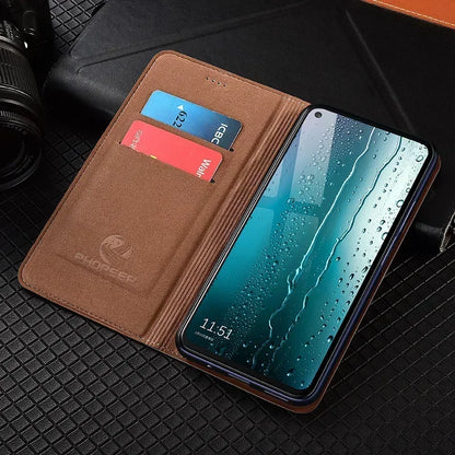 Flip Case For SAMSUNG Galaxy S26 S25 S24 S23 Ultra Plus FE 5G Genuine Leather Magnetic Cover Cowhide Grid Pattern Wallet Cases