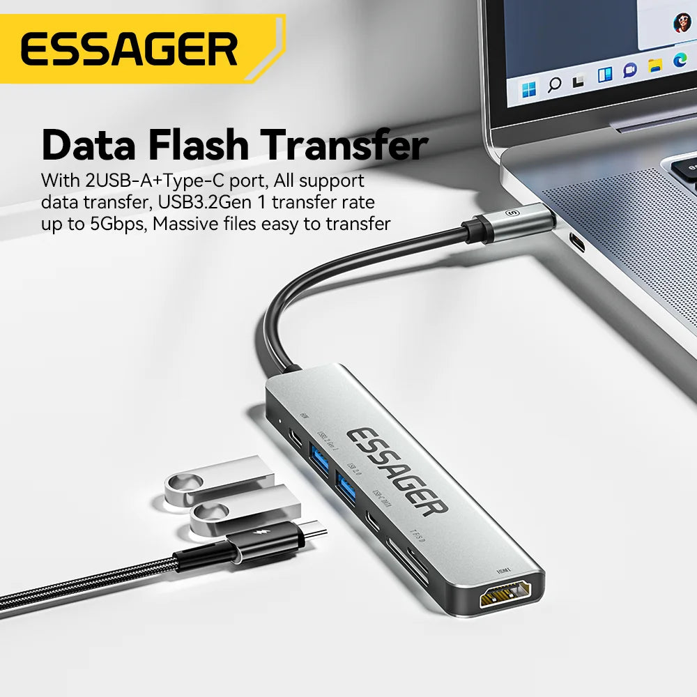 Essager 7 In 1 USB C Hub PD60W Fast Charging Splitter HDMI-Compatible High Speed Splitter 5Gbps for PC USB 3.2 Gen1 2.0 Ports