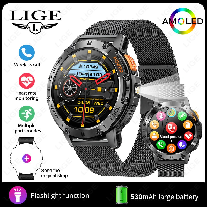 LIGE 1.43 Inch AMOLED Screen Bluetooth Call Flashlight 530mAh Outdoor Men Smart Watch Sports Health Monitor For Android IOS K65