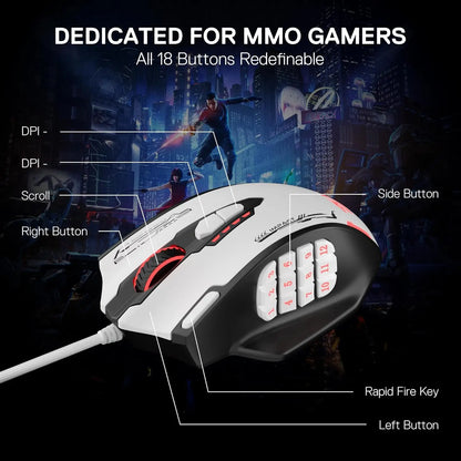 Redragon M908 Impact RGB MMO Gaming Mouse Optical Wired Ergonomic Design with Max 24000 DPI High Precision 18 Programmable Butto
