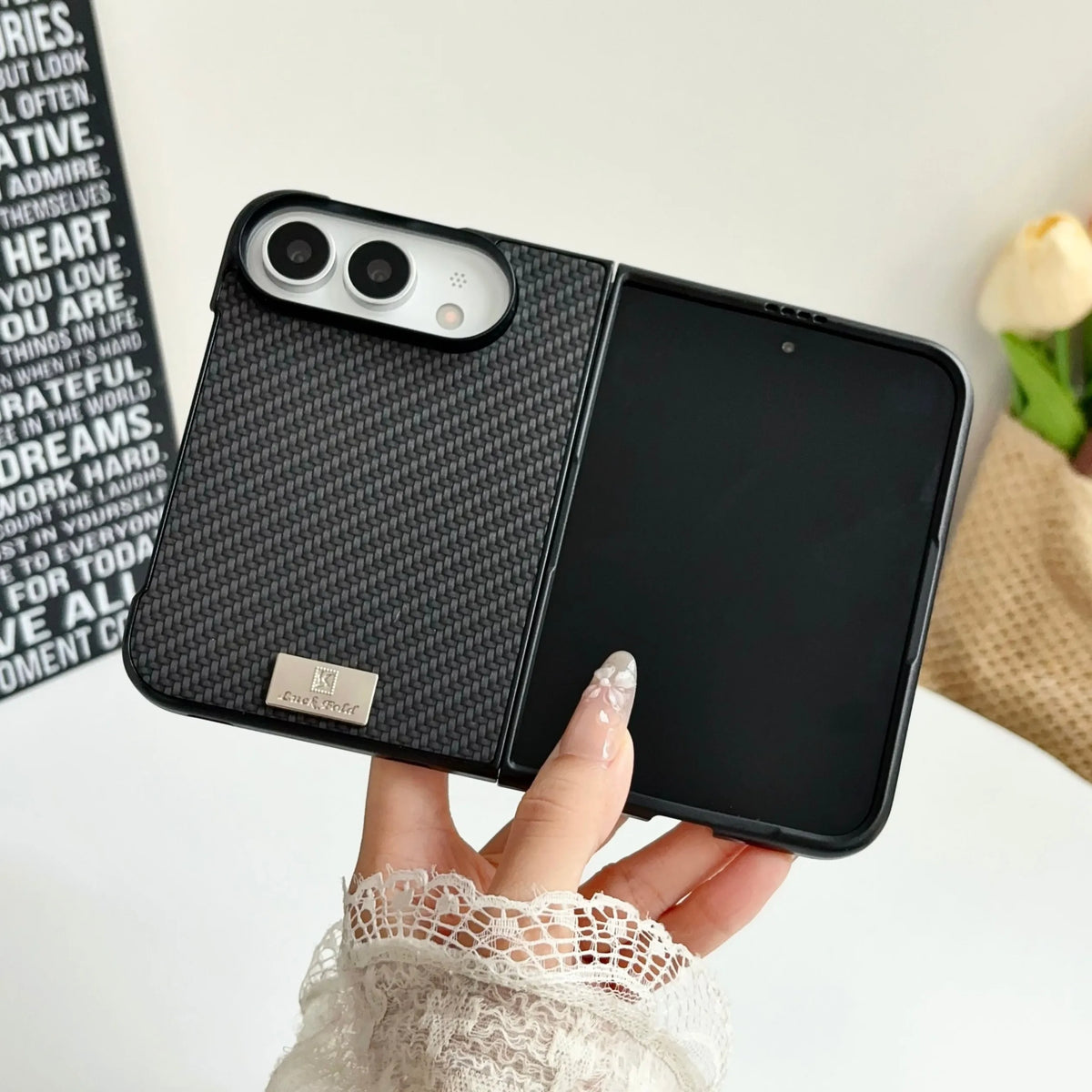 For iPhone Duo Fold Phone Case Crossbody Lanyard Solid Color Woven Case Shockproof Anti Scratch for iPhone Duo Protective Cover