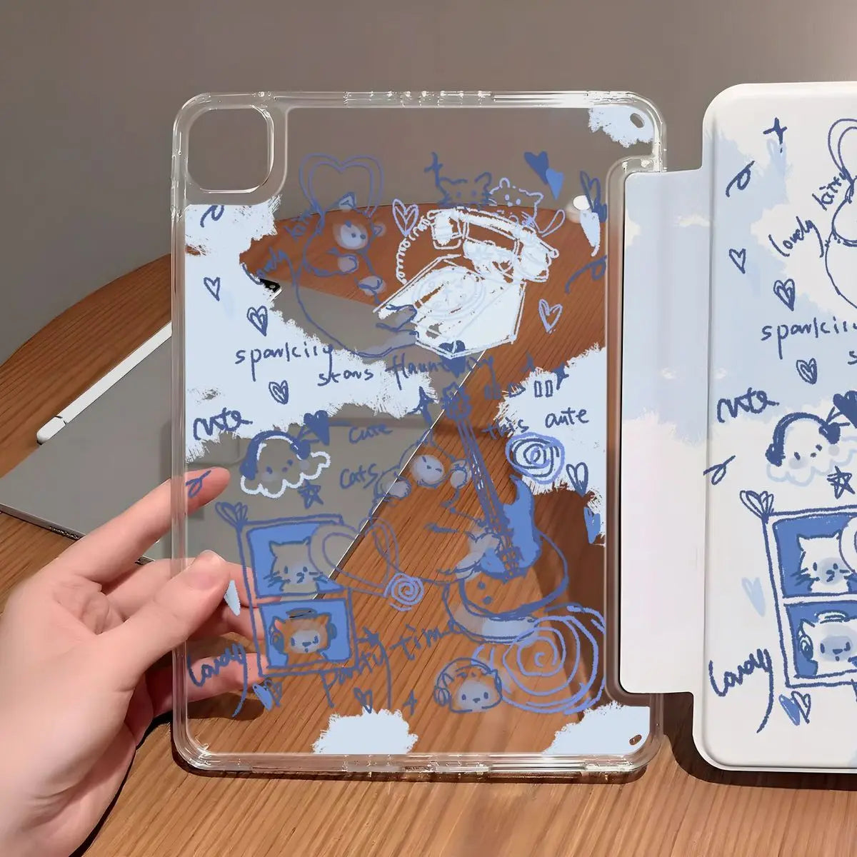 Korean Kawaii Blue Guitar Cat For iPad Pro Air 13 11 M5 M4 M3 M2 2 1 11th A16 12.9" 10 9 8 7 6 5 Th Mini 7 6 5 4 7.9" Case