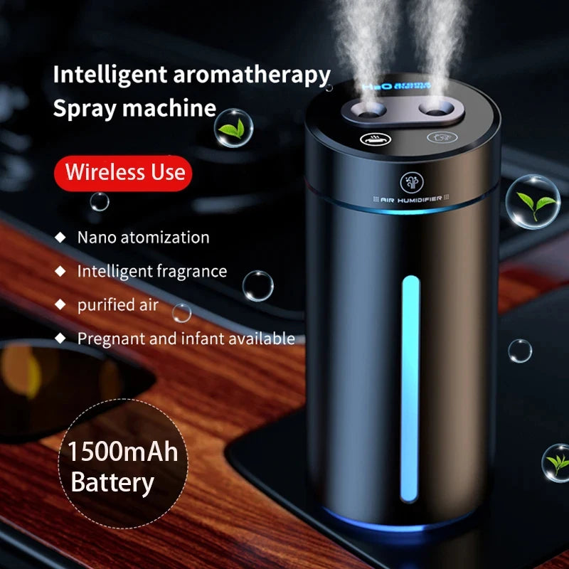 380ML Double Spray Vehicle Air Humidifier USB Charging Mini Essential Oil Diffuser with Mood Light Wireless Car Aroma Humidifier