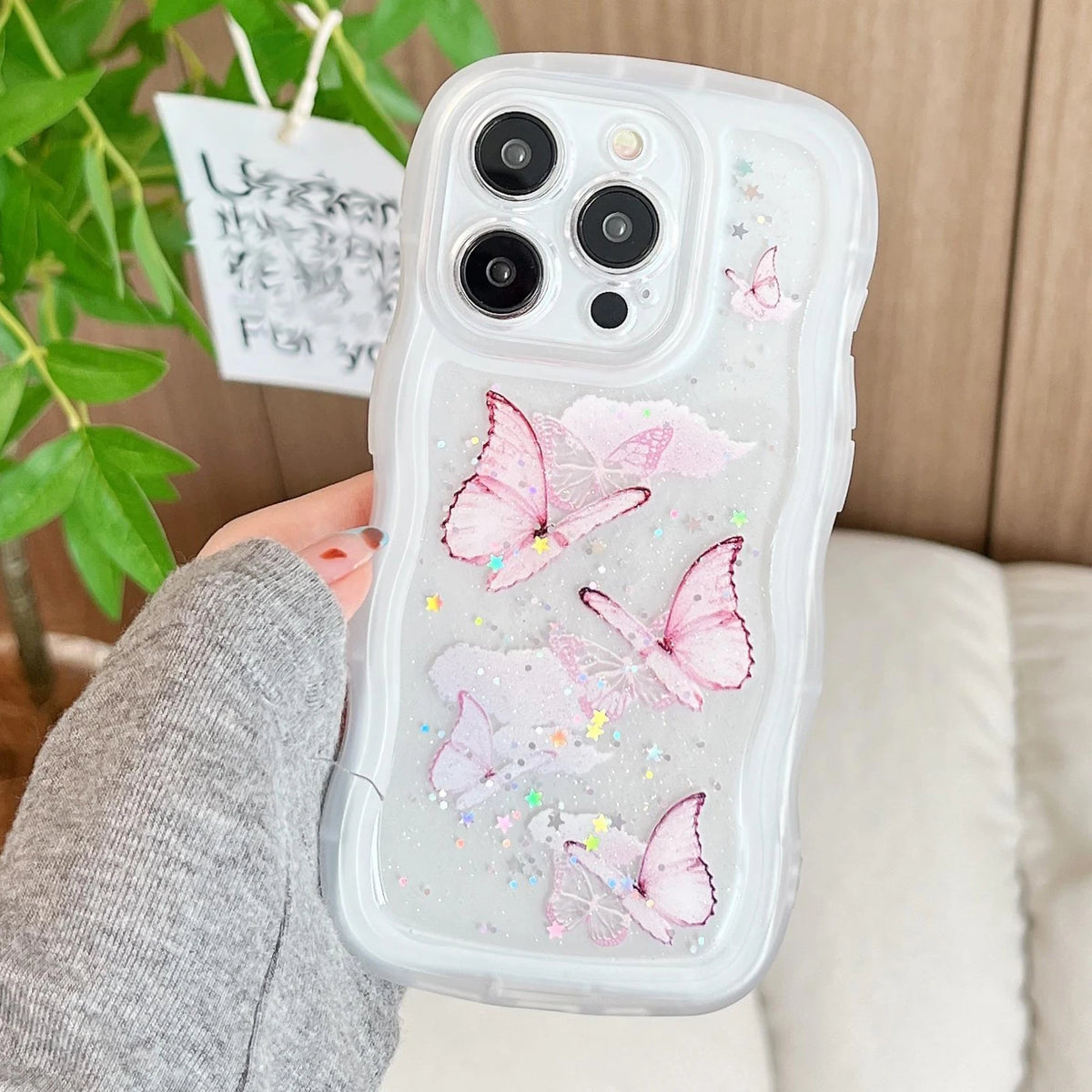 Luxury Glitter Starry Sky Butterfly Resin Irregular Wavy Edge Phone Case for iPhone 11 12 13 14 15 16 17 Pro Max + Plus
