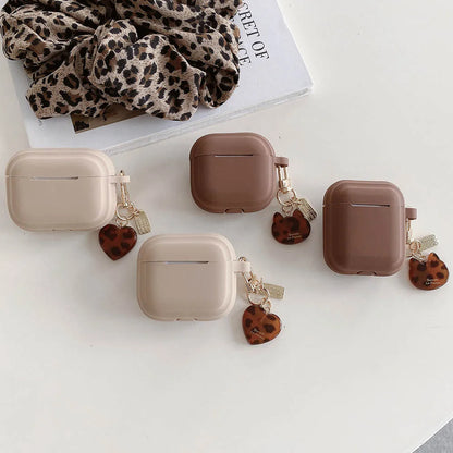 Silicone Earphone Case with Leopard Heart Cat Keyring For AirPods 5 2 3 Pro 2 Pro2 4 ANC Milk Tea Color Headset Protective Cover