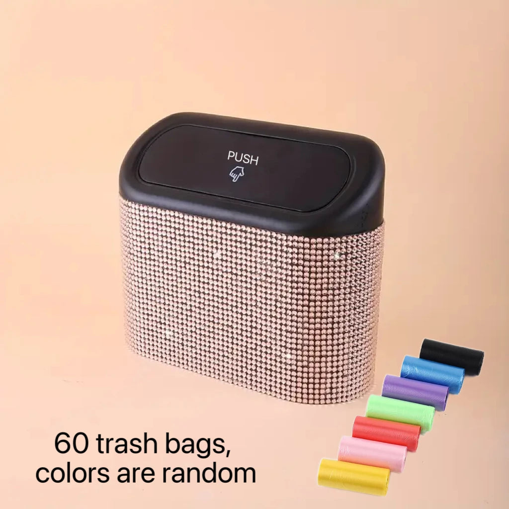 Artificial Rhinestone-Embellished Car Trash Can with 60 Dedicated Trash Bags, Car Interior Hanging Storage Box with Automatic Lid, Multifunctional Car Accessory