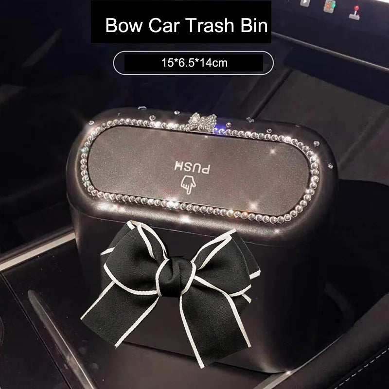 Cute Bowknot Car Trash Bin Can Hanging Auto Dust Organizer Rubbish Bag Garbage Container Storage Box Bucket Auto Accessories
