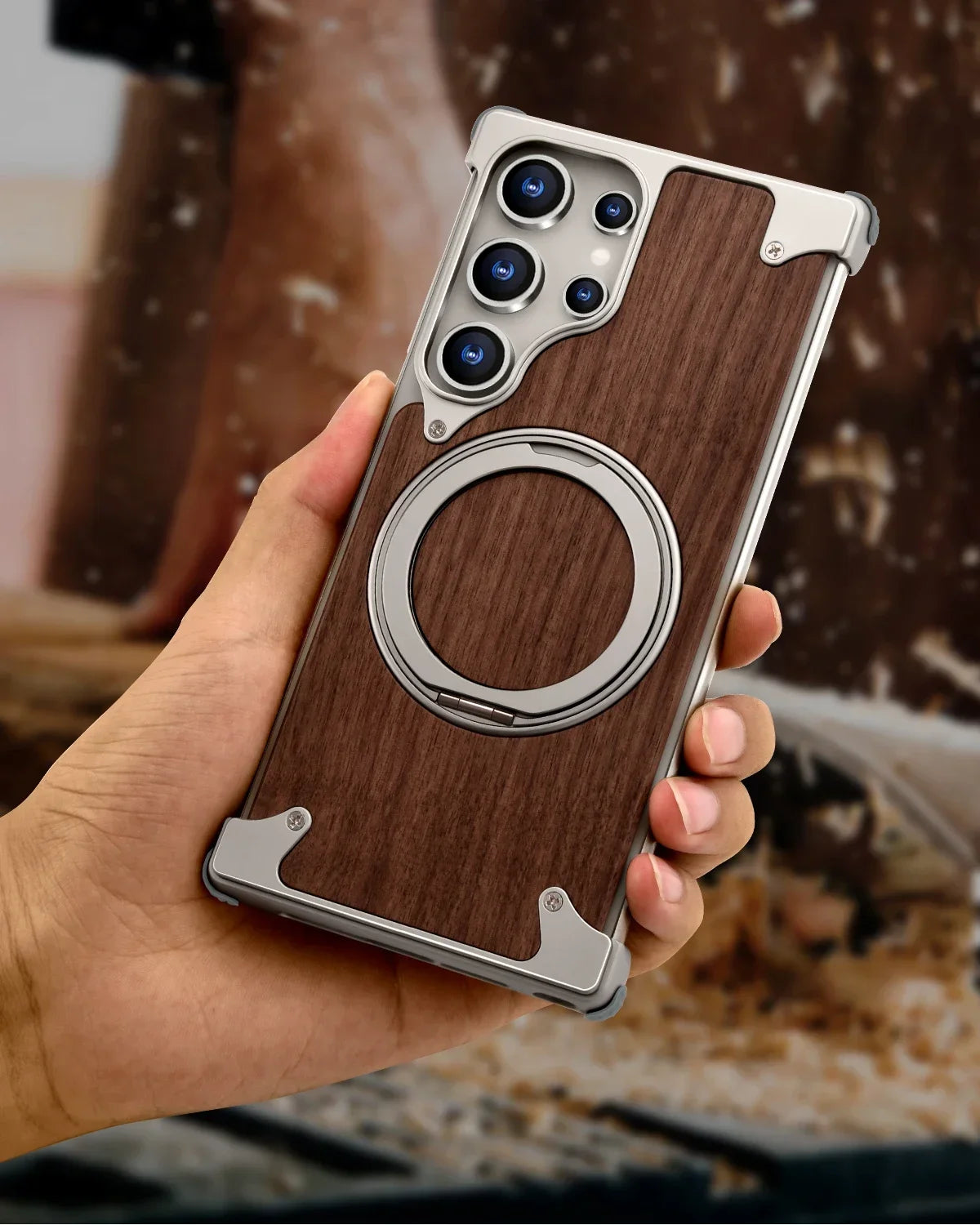 Eary Solid Wood Phone Case for Samsung Galaxy S25 S24 Ultra for Magsafe 360° Rotation Kickstand Frameless Protective Shells