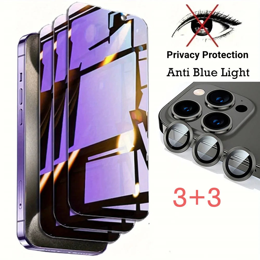[3 Anti-Spy Glass +3 Lens Caps] Purple Ray Privacy Screen Protector For iPhone 17 16 15 14 Plus 13 12 Mini 11 Pro Max 16e Film