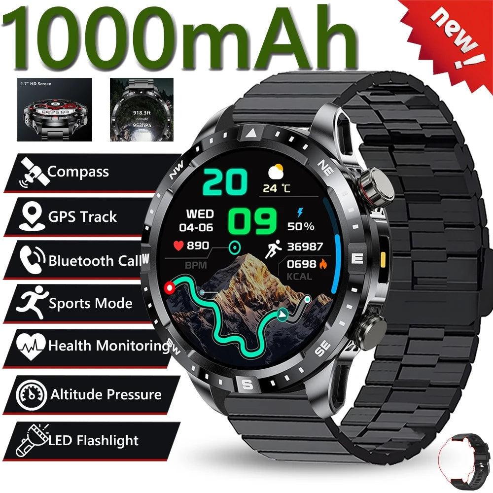 2026 New Military 1000mAh Battery Smart Watch 1.7-inch HD Large Screen LED Flashlight Sport Mode Bluetooth Call Smartwatch Men