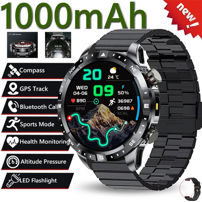 2026 New Military 1000mAh Battery Smart Watch 1.7-inch HD Large Screen LED Flashlight Sport Mode Bluetooth Call Smartwatch Men