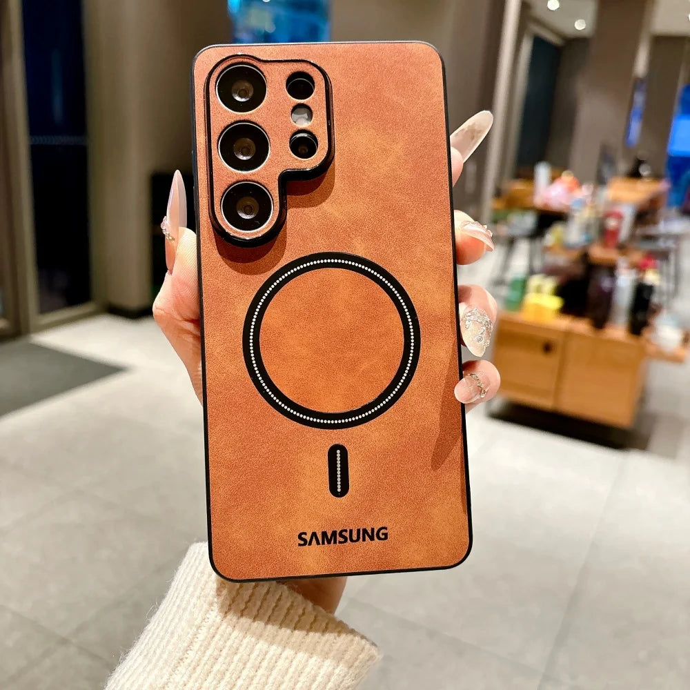Lambskin Leather for Magsafe Shockproof Case Samsung S25 S24 S26 Ultra S22 S23 Plus S21 FE Sheepskin Camera Protector Soft Cover