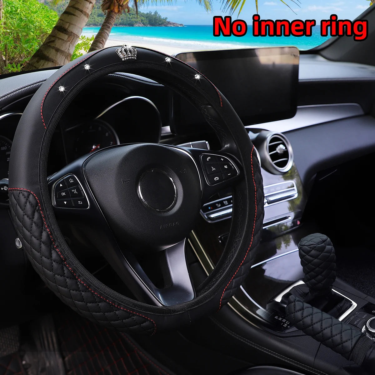 3Pcs PU Leather Crown Diamond Inlays Steering Wheel Cover Gear Shift Cover Handbrake Cover for Cars without Inner Ring