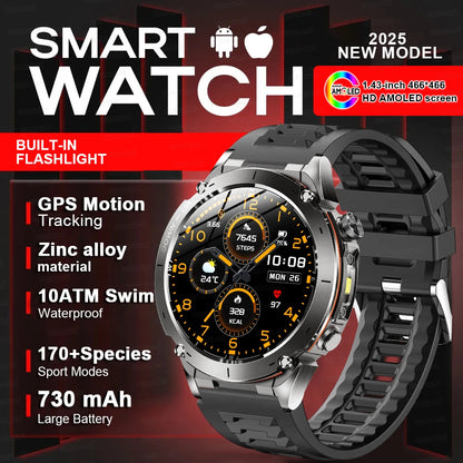 Outdoors TANK New GPS SmartWatch Man Dual-Band GNSS Military 10ATM Waterproof LED Flashlight Compass Altimeter NFC HD Call Watch
