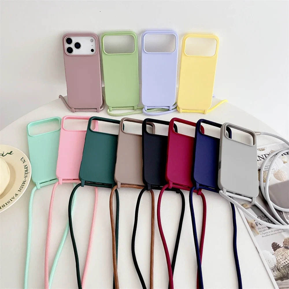 Crossbody Lanyard Cord Liquid Silicone Soft Phone Case for Apple IPhone 17 Air 16 15 14 Plus 13 Pro Max Matte Strap Candy Cover