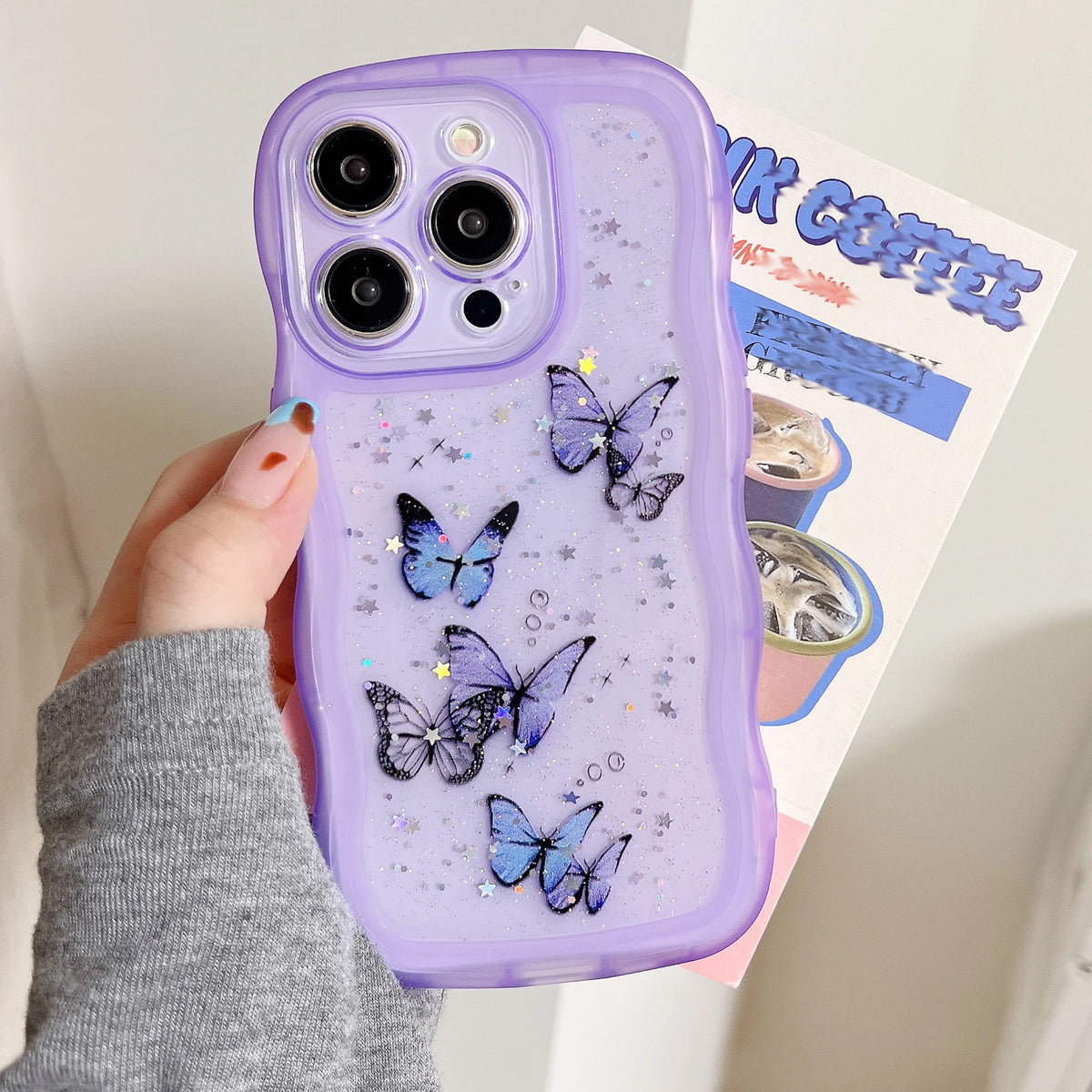 Luxury Glitter Starry Sky Butterfly Resin Irregular Wavy Edge Phone Case for iPhone 11 12 13 14 15 16 17 Pro Max + Plus
