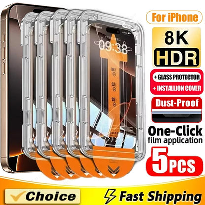5Pcs Ultra HD 8K Dust Free Screen Protector For iPhone 16 15 14 13 12 11 17 Pro Max 16e Plus 17 Air Glass Easy Installation Box