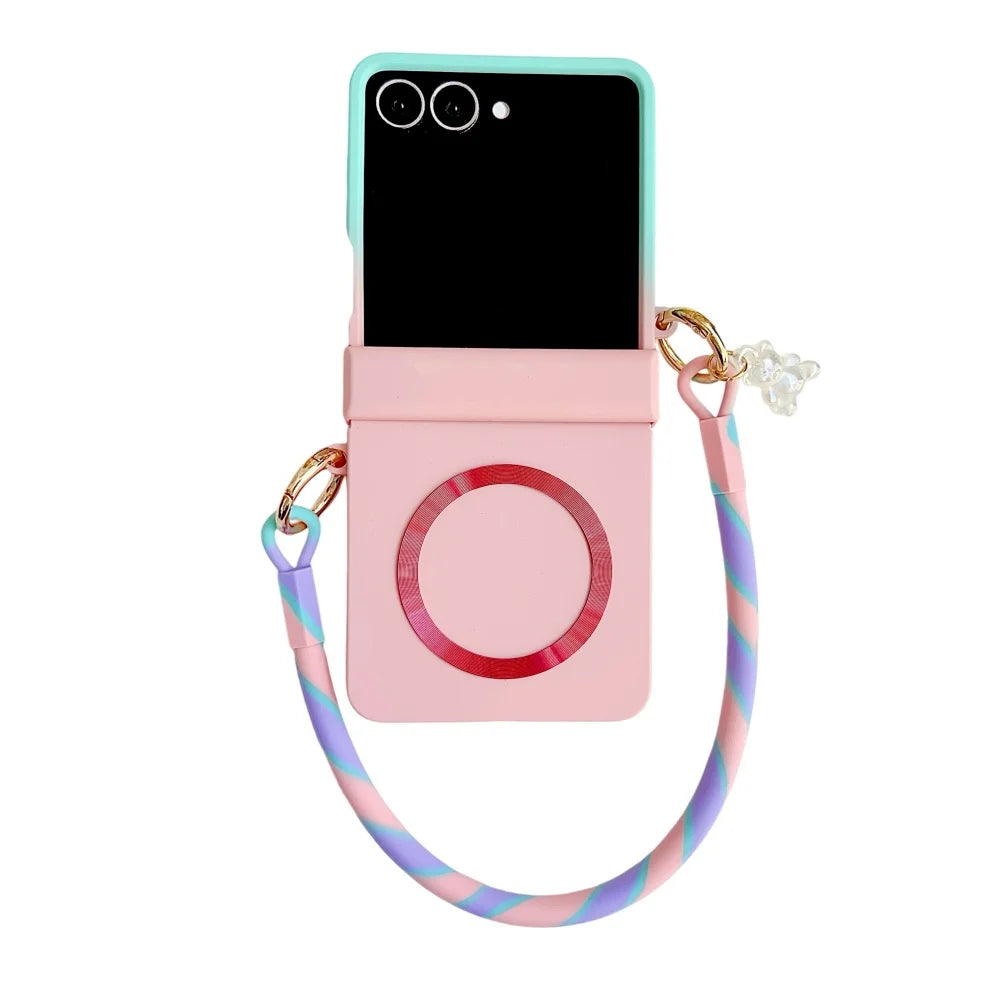 Skin Feeling Wireless Magnetic Lanyard Phone Case For Samsung Galaxy Z Flip 3 4 5 6 7 8 Macaron Gradient Cord PC Hard Shell