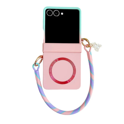 Skin Feeling Wireless Magnetic Lanyard Phone Case For Samsung Galaxy Z Flip 3 4 5 6 7 8 Macaron Gradient Cord PC Hard Shell