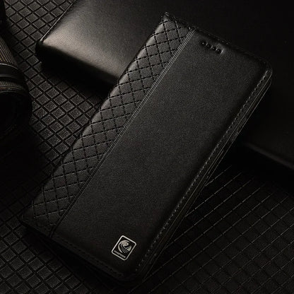 Flip Case For SAMSUNG Galaxy S26 S25 S24 S23 Ultra Plus FE 5G Genuine Leather Magnetic Cover Cowhide Grid Pattern Wallet Cases