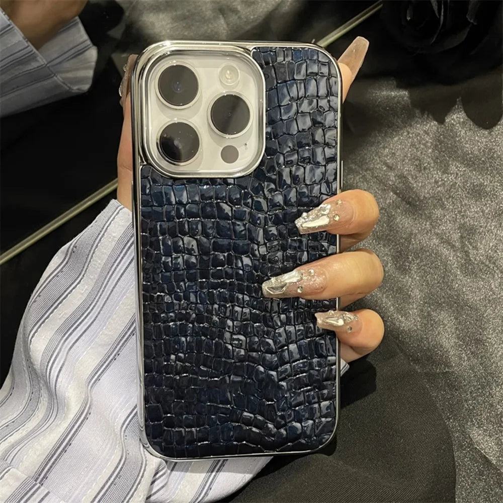 Luxury Glossy Crocodile Pattern Case For iPhone 17 Air 16 15 14 13 12 11 Pro Max Plus Plating Cool Armor Shockproof Bright Cover
