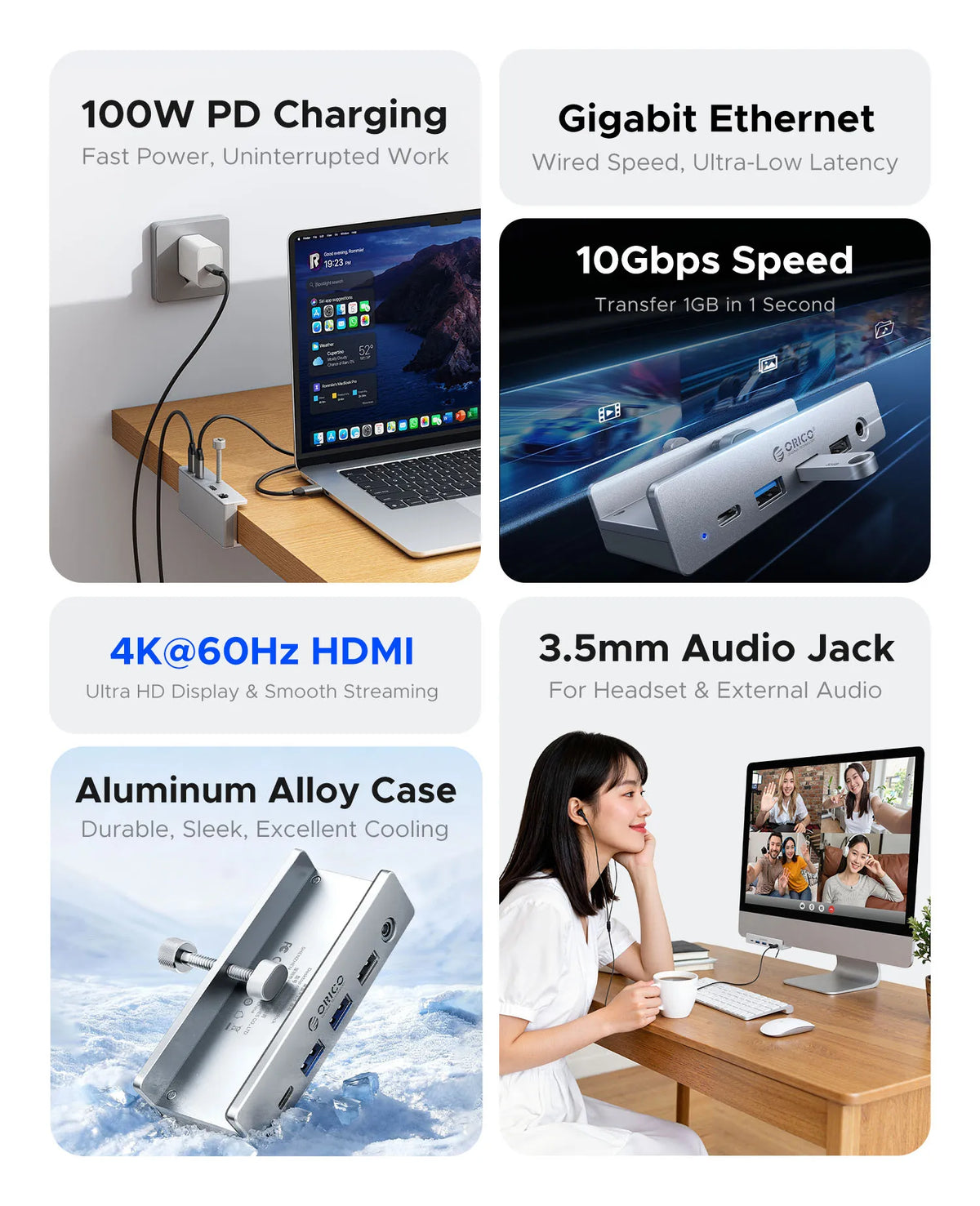 ORICO Aluminum 8 in 1 USB Clip Hub Support External Power Supply for High Speed 10GBPS Data Transmission on MAC OS PC