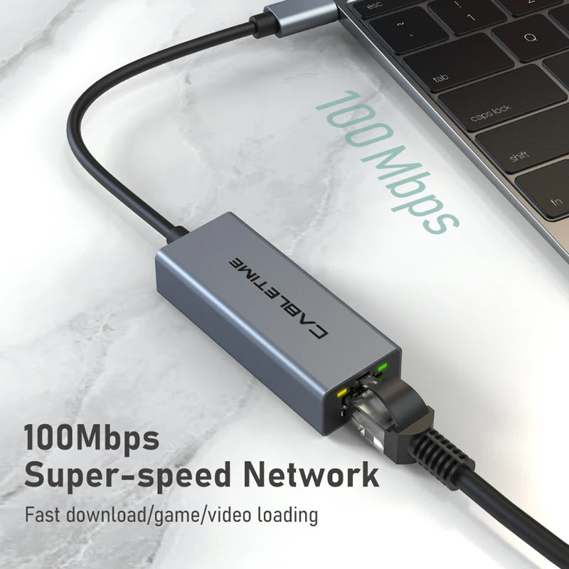 CABLETIME USB C Ethernet Adapter 100Mbps Network Card USB C to RJ45 Lan Cable for Laptop PC Xiaomi Mi Box USB C Hub