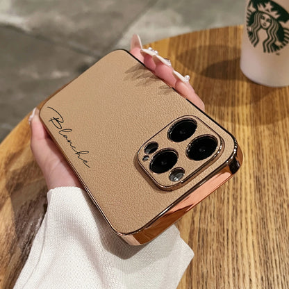 Luxury Plating Leather Personalized Name Case For iPhone 11 12 13 14 15 16 Pro Max Customized DIY Shockproof Cover 15 14 Pro Max