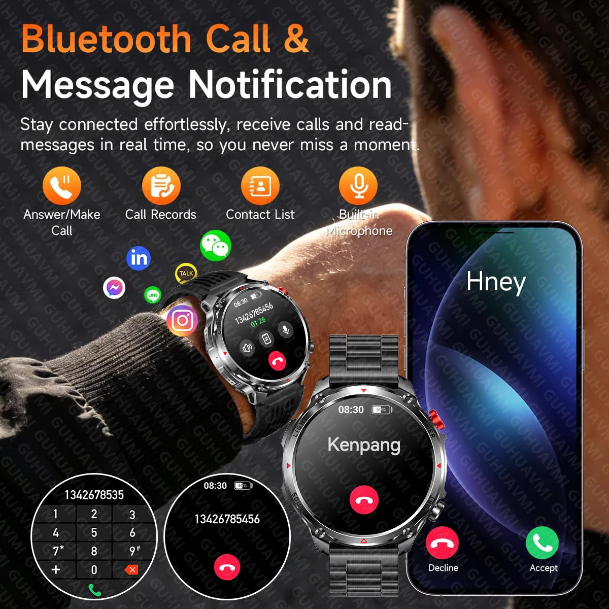 New Men Outdoor Military 1100mAh Large Battery Smart Watch Compass GPS Track IP68 Waterproof LED Flashlight BT Call Smartwatch