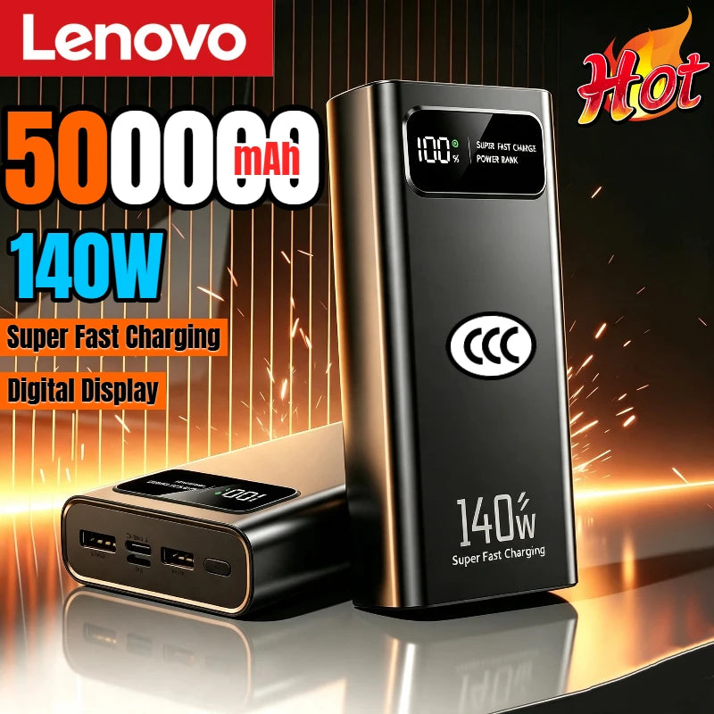 Lenovo Power Bank 500000mAh 140W Large Capacity Super Fast Charging Digital Display Mobile Powerbank for iPhone Samsung 2026