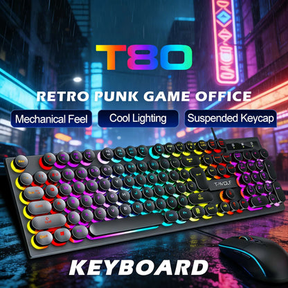 T80 Gaming Mechanical Feel Keyboard Wired 104 Keys Keyboard USB Retro Punk Game Office Suspended Keycap Cool RGB Lighting Effect
